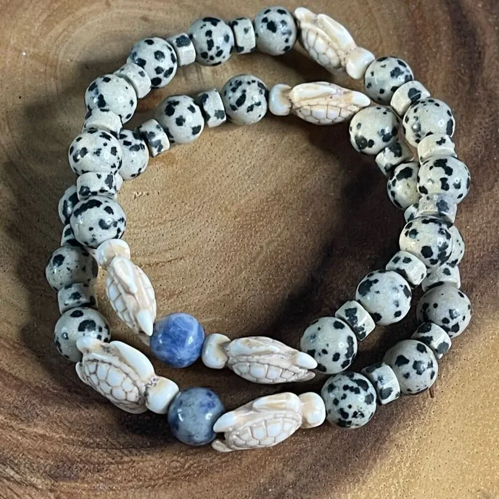 Sea turtle blue dot stone Dalmatian jasper stretch bracelet crystal beaded